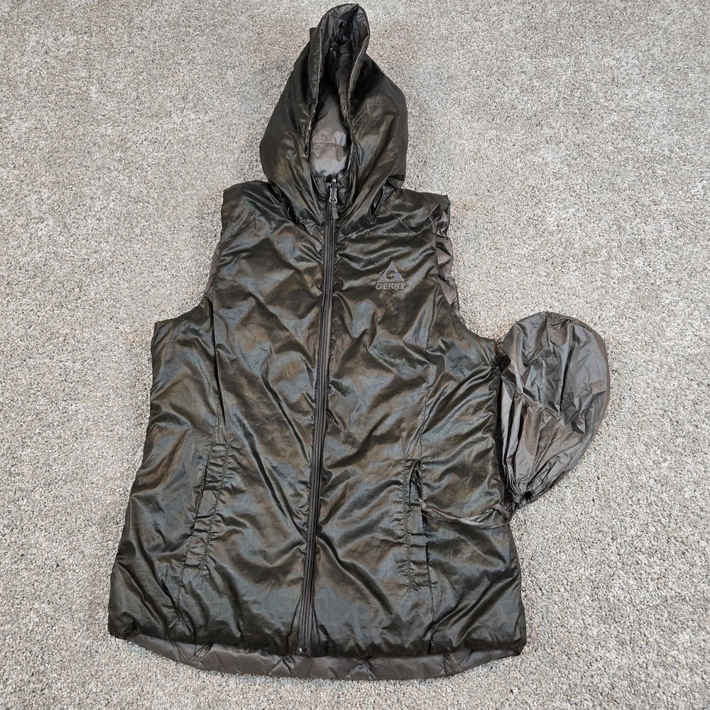 Gerry Womens Hooded Puffer Vest Small Cypress Green Down Fill Quilted packable